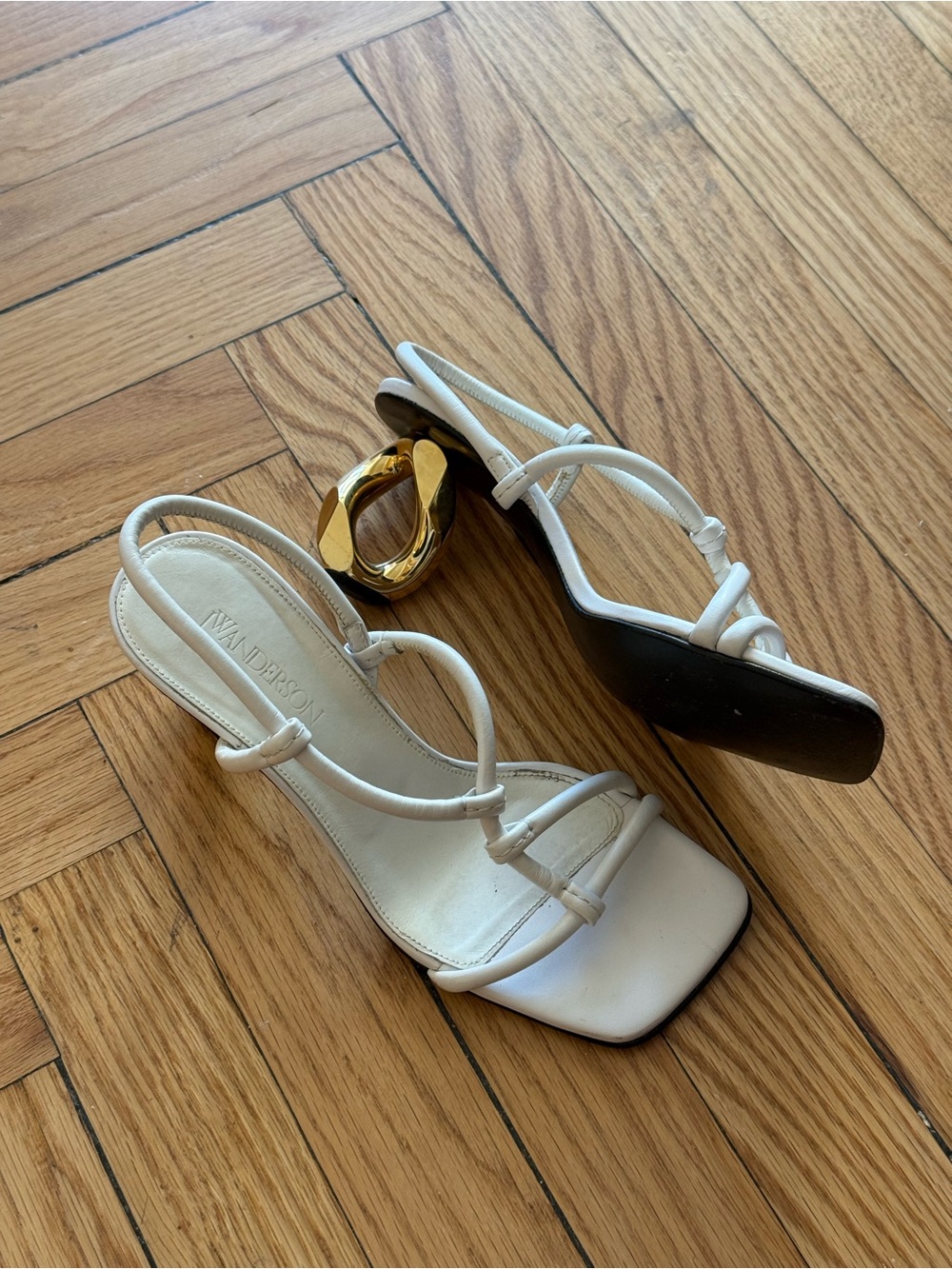 JW ANDERSON Cream Knot-Strap Square-Toe Heels with Gold Accent